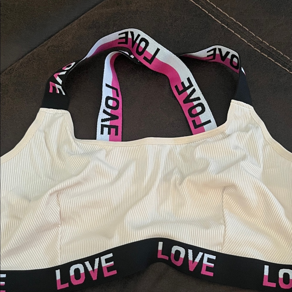 Love Women's Ribbed Sports Bra - White with Black and Pink Accents
